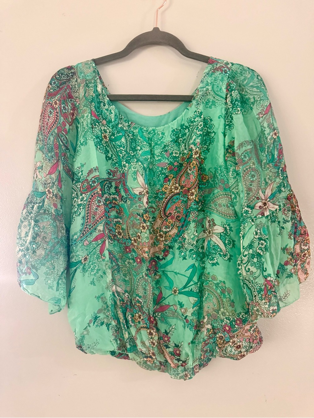 Sheer Mint Green Paisley Peasant Blouse for Women